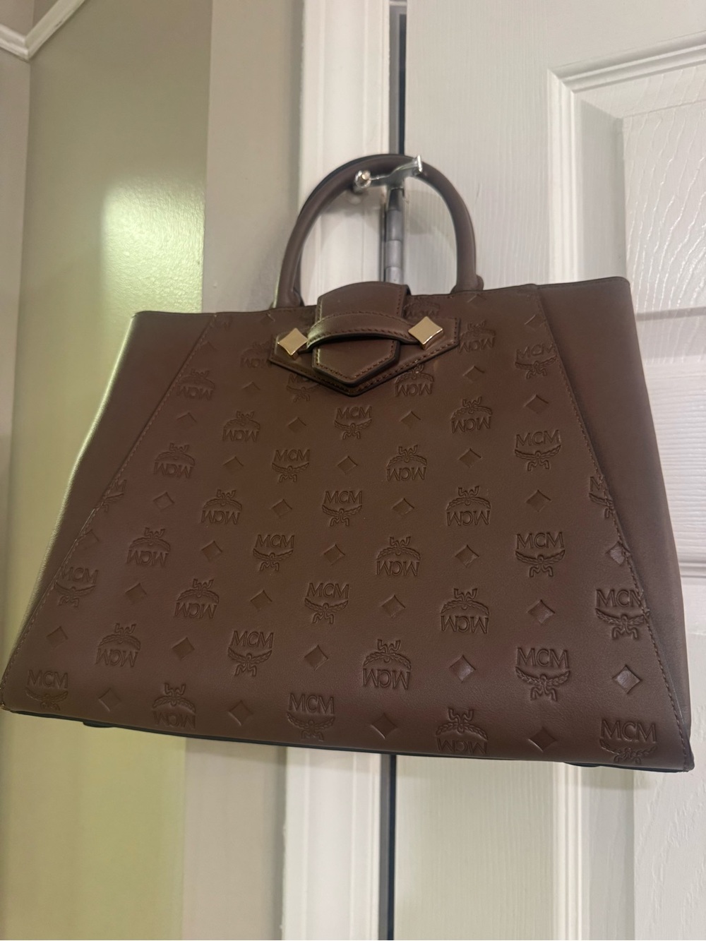MCM Top Handle Essential Embossed Leather Top-Handle Tote in Brown**